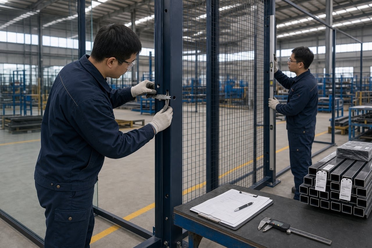 Padel court frame dimensions and alignment being checked with a caliper and level.