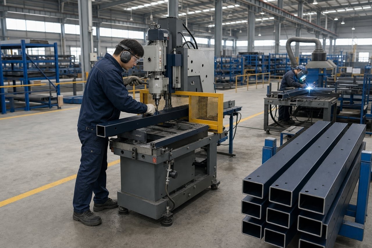 Steel members being cut, drilled and prepared for a padel court system.