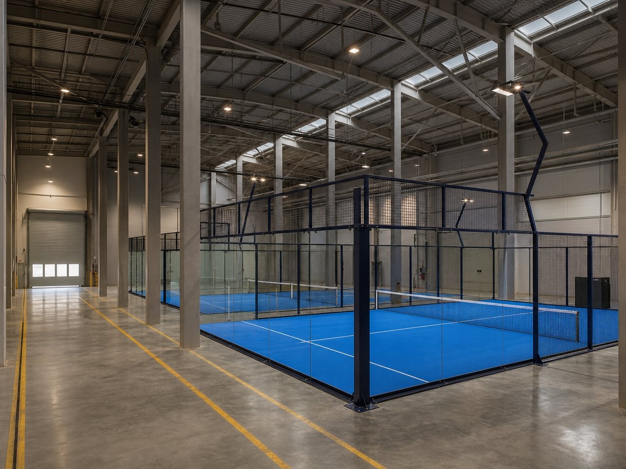 Complete padel court inside a high-clearance indoor sports building.