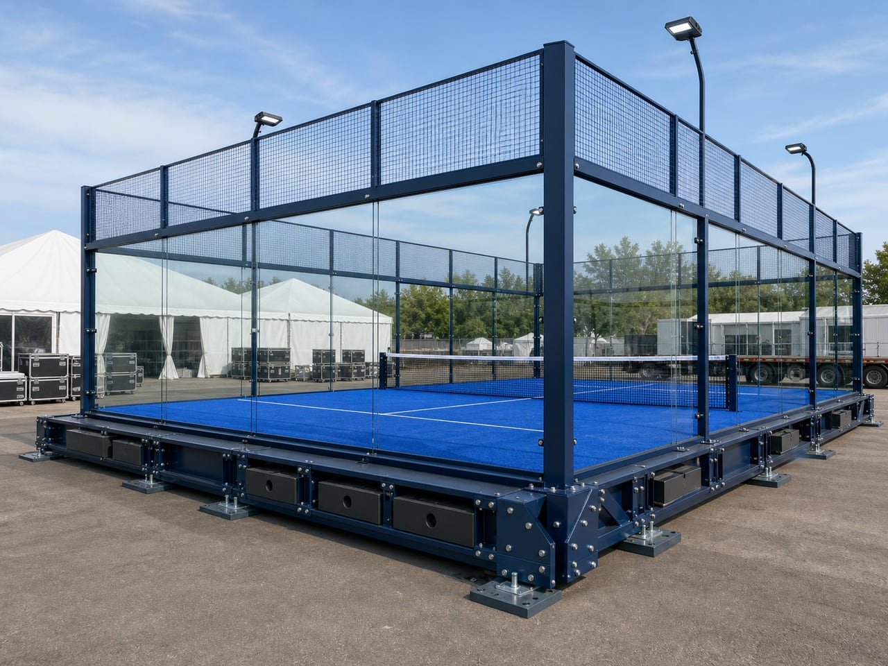 Relocatable padel court with visible modular base beams, corner supports, pads and ballast modules at a temporary venue.