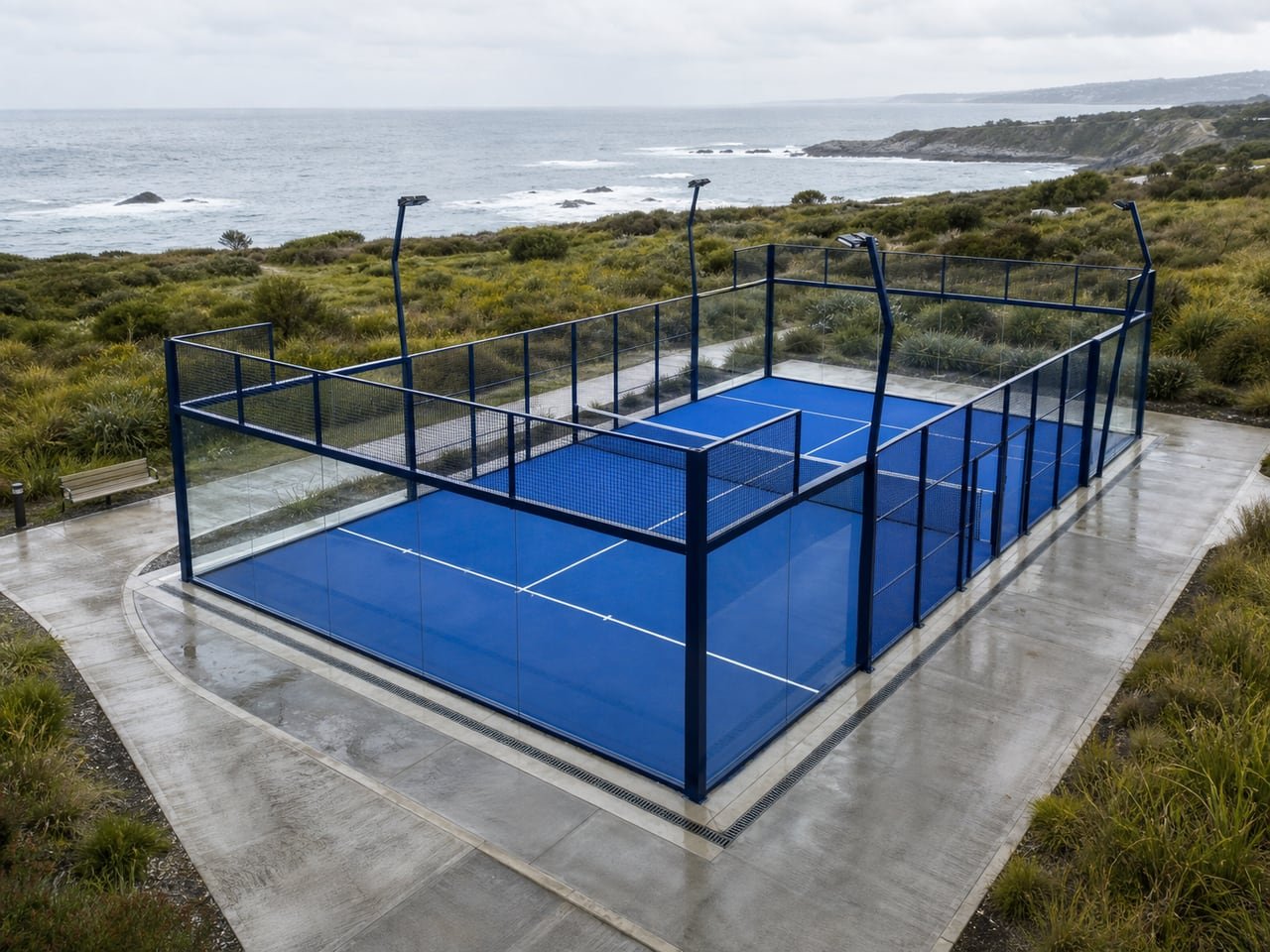 Outdoor padel court with blue turf, glass walls, mesh panels and lighting posts.