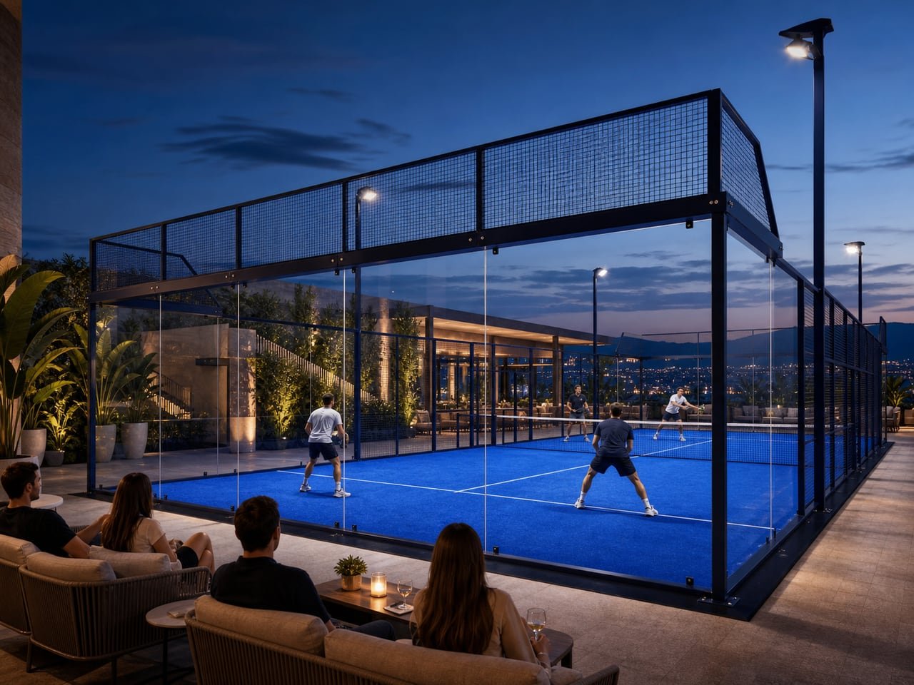 Panoramic padel court with broad glass viewing areas and deep-navy steel framing.
