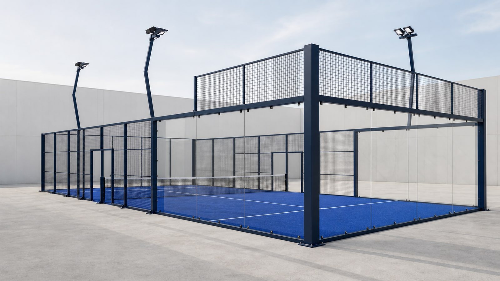 Complete blue-turf padel court with tempered glass, mesh panels, steel structure, net and lighting posts.