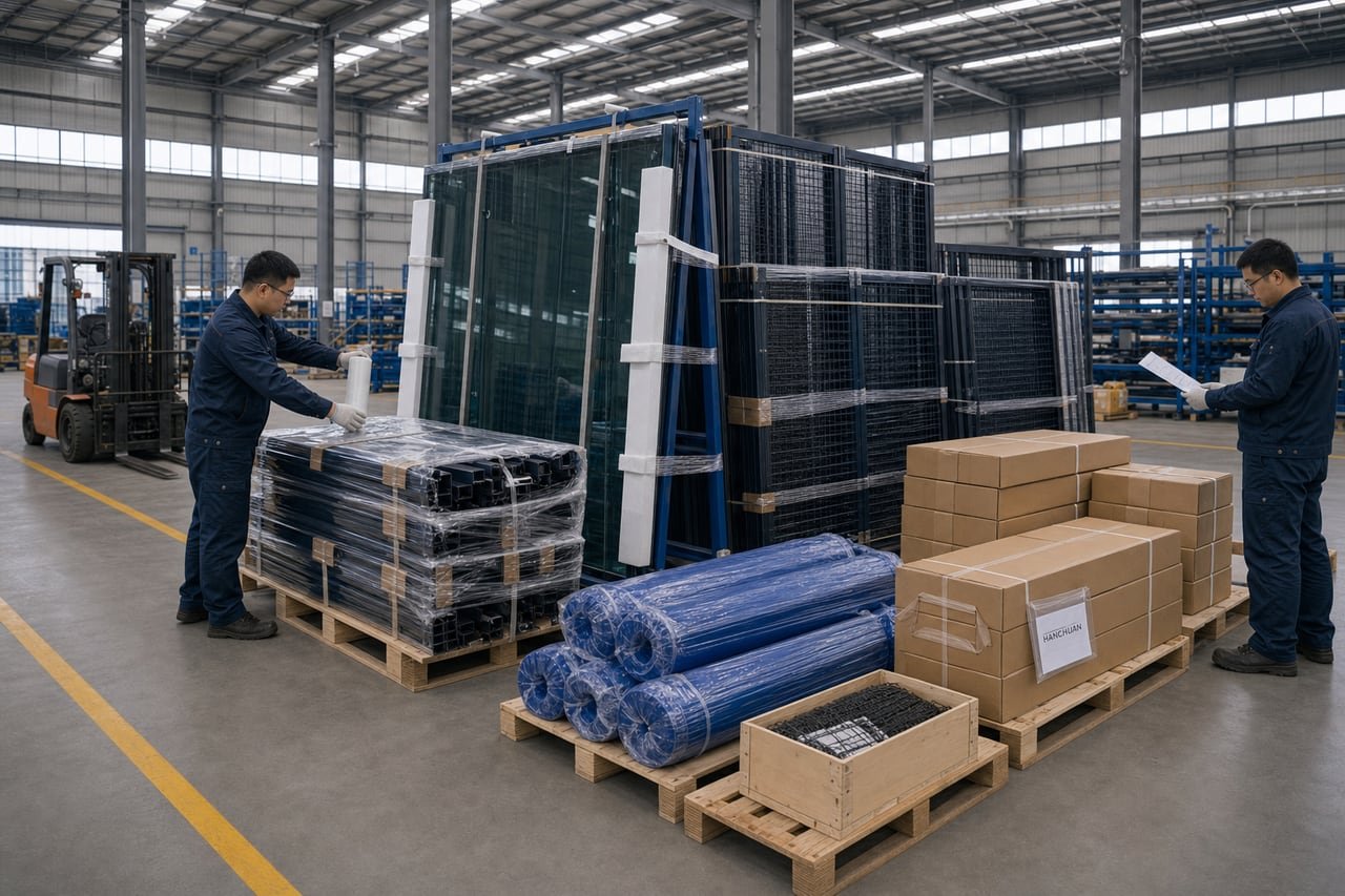 Protected padel court glass, steel frames, mesh panels, turf rolls and accessory cartons grouped for packing.