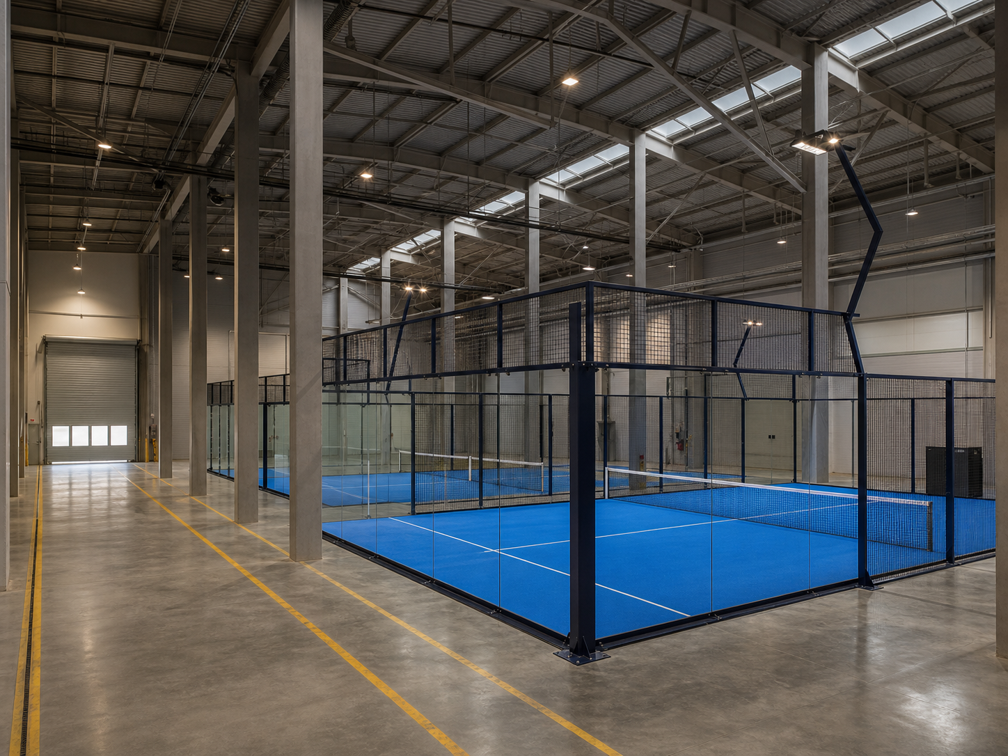 Padel court inside a high-clearance indoor sports building.